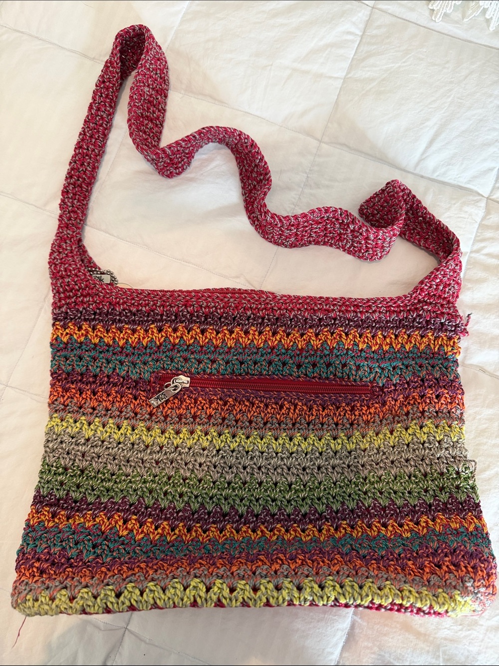 The Sak Multicolor Crochet Crossbody Bag with Red Strap